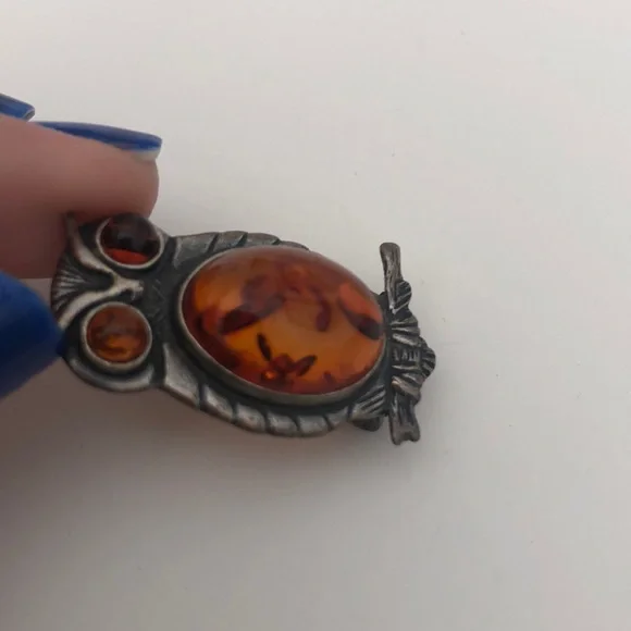 Owl Brooch or Necklace Pendant Silver with Amber - Picture 4 of 5